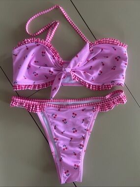 Pink Cherry Print Bikini Set with Gingham Ruffle